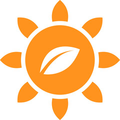Leaf plug symbol in a sun icon. Solar power concept. Orange color.