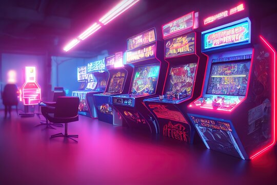 A girl in a retro video gaming hall, a synthwave hall with slot machines