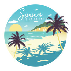 Fototapeta na wymiar Colored summer landscape with palm trees on a badge Vector
