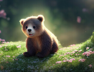 baby little bear, cute, a beautiful garden background.