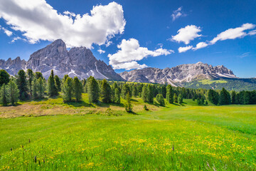 Idyllic Alpine landscape near St Magdalena, Val di Funes, Dolomites alps, Italy