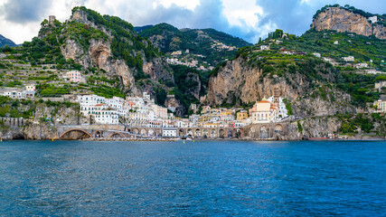 Fototapeta na wymiar View of Atrani on the Amalfi Coast of Italy seen from the Sea