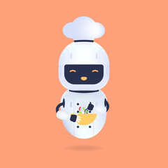 White friendly chef robot with bowl and egg beater. Cooking Robot Artificial Intelligence concept.