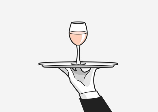 Hand Of The Waiter In A White Glove With A Glass Of Wine On A Tray. Vector