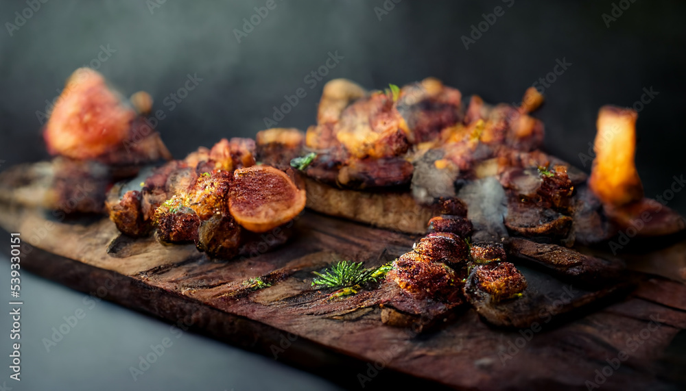 Wall mural Photo realistic illustration of smoked kebabs on timber server