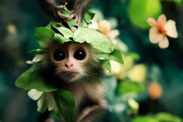 Nahtloses Muster mit Affen. Süßer Affenbaby, dekoriert mit tropischen Blumen, sitzend auf einem Baumzweig im dunklen Tropenwald. Design von Stoffen, Papier, Tapeten und Notizbuchhüllen. © Viks_jin