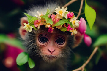 Nahtloses Muster mit Affen. Süßer Affenbaby, dekoriert mit tropischen Blumen, sitzend auf einem Baumzweig im dunklen Tropenwald. Design von Stoffen, Papier, Tapeten und Notizbuchhüllen. © Viks_jin