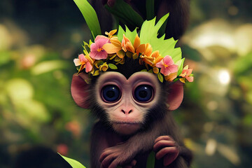 Nahtloses Muster mit Affen. Süßer Affenbaby, dekoriert mit tropischen Blumen, sitzend auf einem Baumzweig im dunklen Tropenwald. Design von Stoffen, Papier, Tapeten und Notizbuchhüllen. © Viks_jin