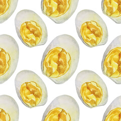 Seamless pattern watercolor half of egg on white background. Hand-drawn morning breakfast or dinner for diet. Yolk and protein. Creative food meal. Art for kitchen sticker or wallpaper and wrapping