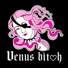 Y2k girl, Venus pink sticker. Glamour trendy emo goth 2000s aesthetic print. Graphic Vector icon. Classic mid century, medieval Goddess In modern witchy concept. Pink, black colors.