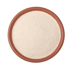 Granulated yeast in bowl isolated on white, top view