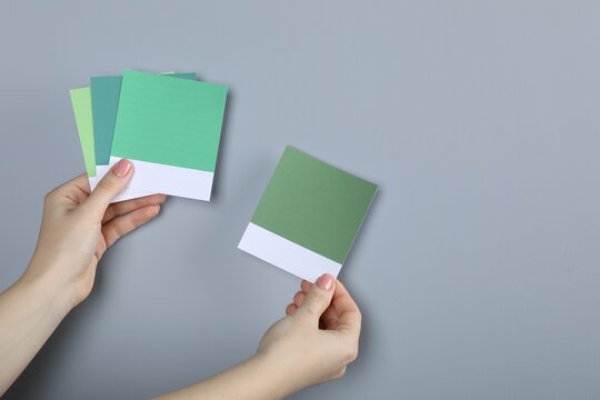 Woman with color sample cards choosing paint shade near grey wall, closeup. Interior design