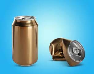 Whole and crumpled aluminum cans on light blue background