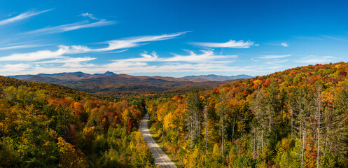 Aerial view of the Moretown Mountain road between Northfield and Moretown in Vermont during the fall