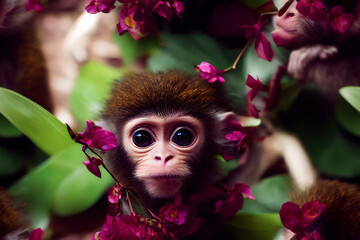 Nahtloses Muster mit Affen. Süßer Affenbaby, dekoriert mit tropischen Blumen, sitzend auf einem Baumzweig im dunklen Tropenwald. Design von Stoffen, Papier, Tapeten und Notizbuchhüllen. © Viks_jin