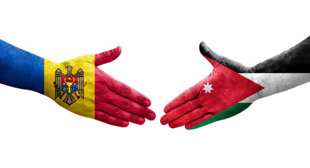 Handshake between Jordan and Moldova flags painted on hands, isolated transparent image.