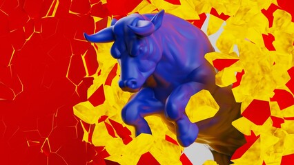 Obraz premium One charging blue bull destroys the red-orange illuminated wall in dramatic contrasting light representing financial market trends under black-white background. Concept 3D CG of stock market.