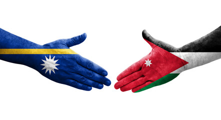 Handshake between Jordan and Nauru flags painted on hands, isolated transparent image.