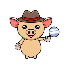 cute detective pig illustration vector