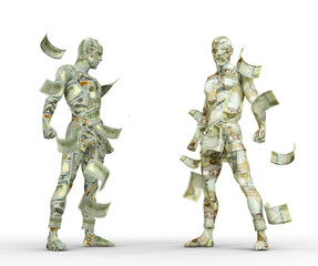 US Dollar vs Bahraini dinar, Forex trading, currency pairing, human characters made of money, currency fight, 3d rendering