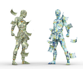 US Dollar vs Kuwaiti dinar, Forex trading, currency pairing, human characters made of money, currency fight, 3d rendering
