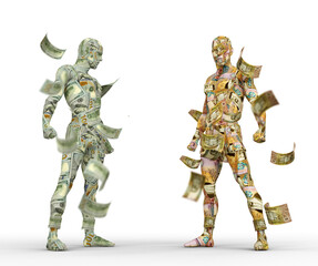 US Dollar vs Jordanian dinar, Forex trading, currency pairing, human characters made of money, currency fight, 3d rendering