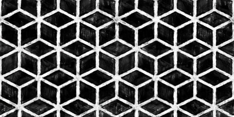 Seamless painted isometric cube black and white artistic acrylic paint texture background. Tileable creative grunge monochrome hand drawn geometric diamond line motif surface pattern wallpaper design.