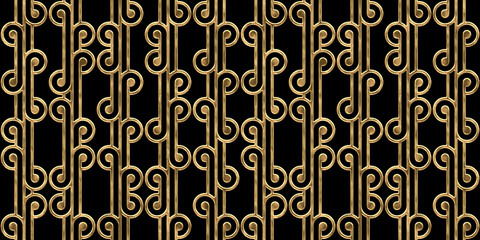 Seamless golden retro 70s circle stripe pattern. Vintage abstract gold plated relief sculpture on black background. Modern elegant metallic luxury backdrop. Maximalist gilded wallpaper 3D rendering.