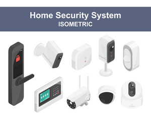 security system for smart home equipment component cctv camera wireless connecting isometric vector - obrazy, fototapety, plakaty