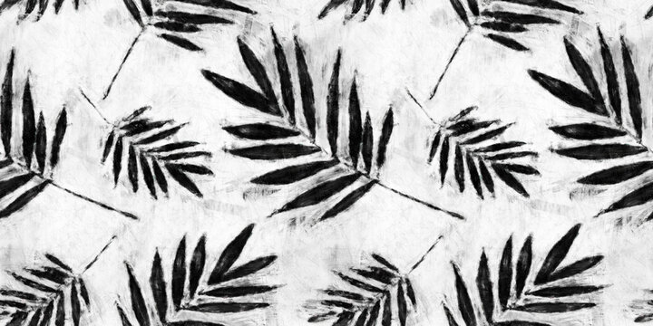Seamless painted jungle palm leaves black and white artistic acrylic paint texture background. Tileable creative grunge monochrome hand drawn fall foliage motif wallpaper surface pattern design.
