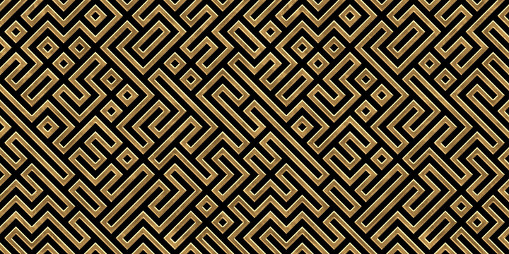 Seamless golden labyrinth maze pattern. Vintage abstract gold plated relief sculpture on dark black background. Elegant metallic luxury backdrop. Maximalist gilded game concept wallpaper 3D rendering.