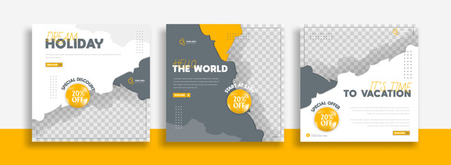 Traveling Set of Editable minimal square banner template. black yellow white background color with geometric shapes for social media post, story and web internet ads. Vector illustration 