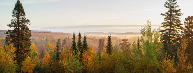 Panorama of a valley in the Sawtooth Mountains of Minnesota at sunrise on an autumn morning - obrazy, fototapety, plakaty