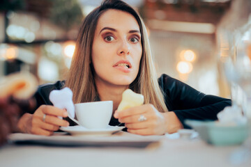 Worried Woman Having Teeth Coloration problems from Coffee. Stressed lady suffering from caffeine addiction concerned about oral healt
