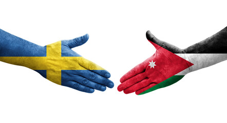 Handshake between Jordan and Sweden flags painted on hands, isolated transparent image.