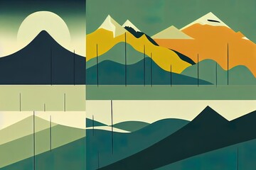set of Mid century modern minimalist art print. Abstract mountain contemporary aesthetic backgrounds landscapes. 2d illustrated illustrations