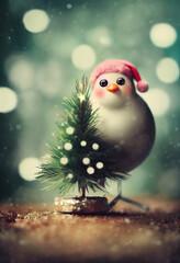 A robin and a tiny christmas tree, Christmas ornaments, decorations, minature, bokeh, close-up, photorealistic