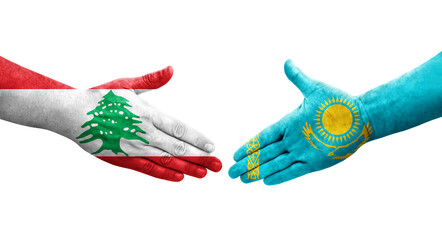 Handshake between Kazakhstan and Lebanon flags painted on hands, isolated transparent image.