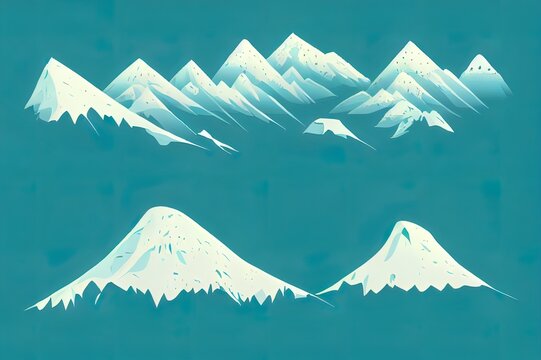 Mountain ridges set isolated iceberg tops and hills, cartoon rocky landscapes. 2d illustrated snowy alpine cliffs, climbing and hiking sport symbols. China and Japan mounts, volcano craters and ranges