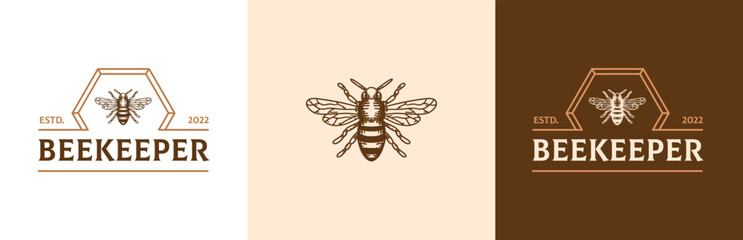 Beekeeper vintage logo design set, retro wasp farm symbol, retro bee keeping emblem concept, engraved insect editable commercial logotype, classic agriculture branding, isolated on background