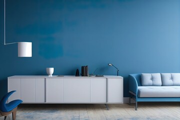 luxury modern room interior,blue lounge chair with white lamp and white sideboard on blue wall 3d render