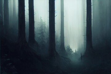 Grim reaper reaching towards the camera over dark forest background