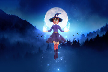 3d rendering, Halloween Witch , Halloween Witch girl with making witchcraft, magic in her hands, spells. Beautiful young woman in witches hat conjuring. 