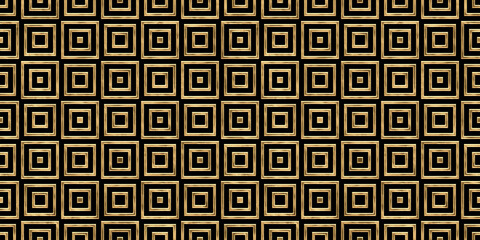 Seamless golden Art Deco square stripe mosaic pattern. Vintage abstract geometric gold plated relief on dark black background. Modern elegant metallic luxury backdrop. High resolution 3D rendering.