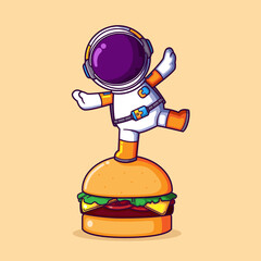 The astronaut is standing and posing cutely on the top of big burger