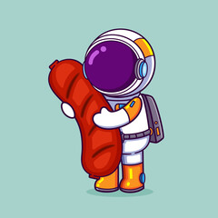 The astronaut is having a big sausage on his hand and going to eat that