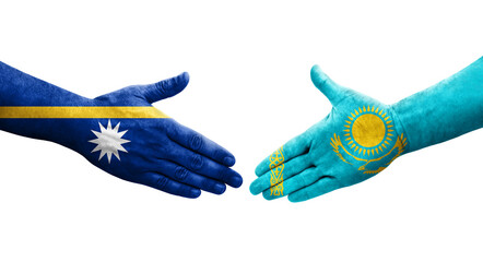 Handshake between Kazakhstan and Nauru flags painted on hands, isolated transparent image.