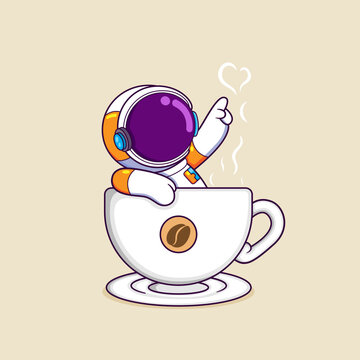 The astronaut is enjoying the day inside the hot cup of coffee and make icon love