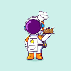 The chef astronaut is serving a tasty grilled chicken and ready to eat
