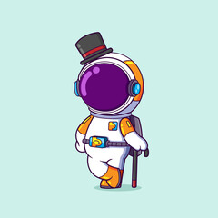 The astronaut is standing while holding a stick with a chaplin style